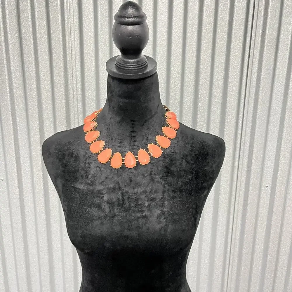 Statement Bib Necklace Gold Tone Peach‎ Teardrop Faceted Stones Adjustable Chain